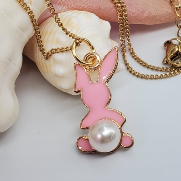 Baby Rabbit Bunny's Pink Enameled Faux Pearl Gold Chain Necklace - Picture 1 of 6